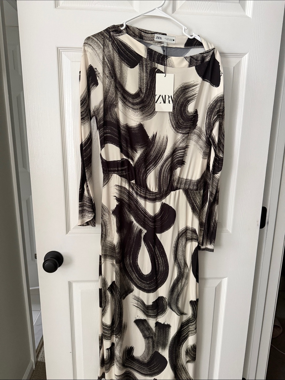 Zara Cream Dress with Black Abstract Brushstroke Design